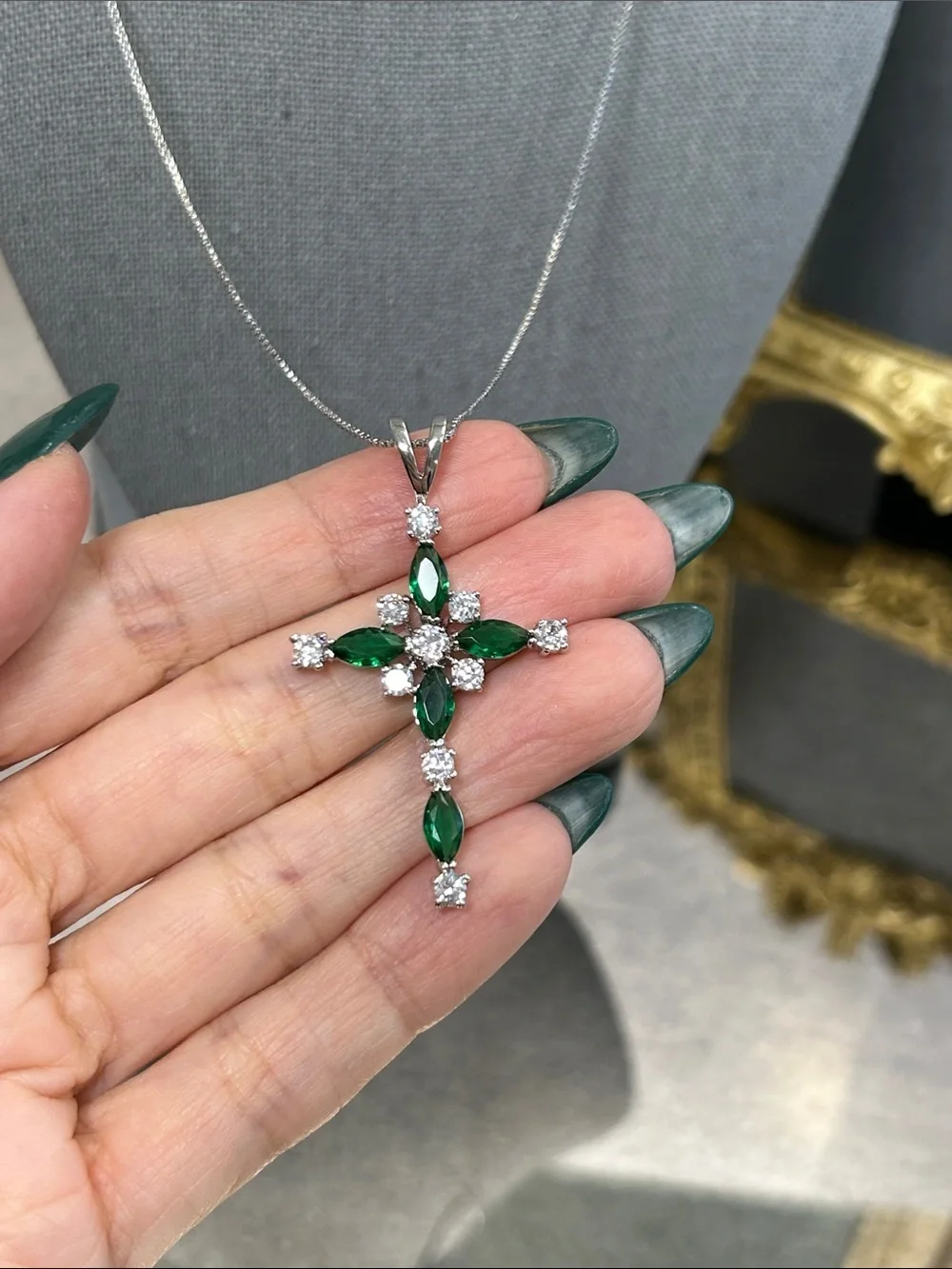 Emerald Green Crystal Cross Pendant Necklace - Silver Tone